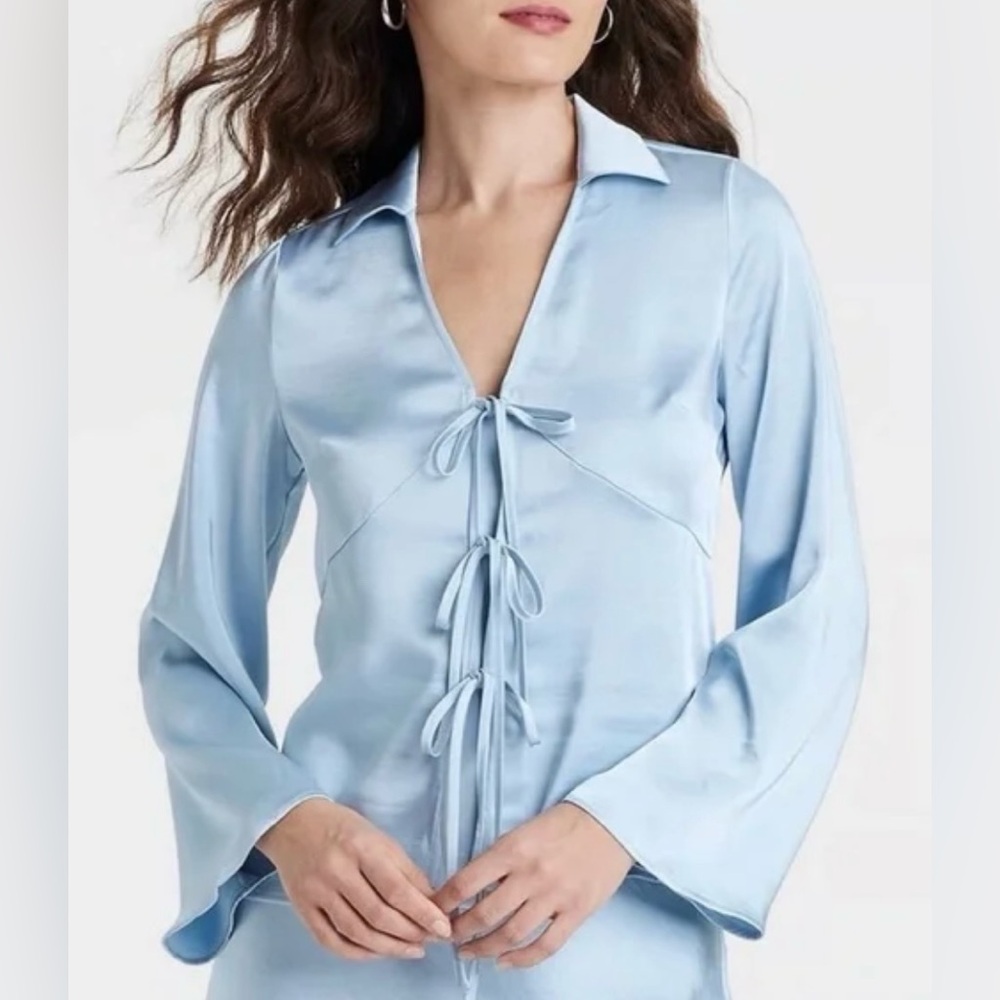 NWT a new day Light Blue Satin Tie-Front Blouse